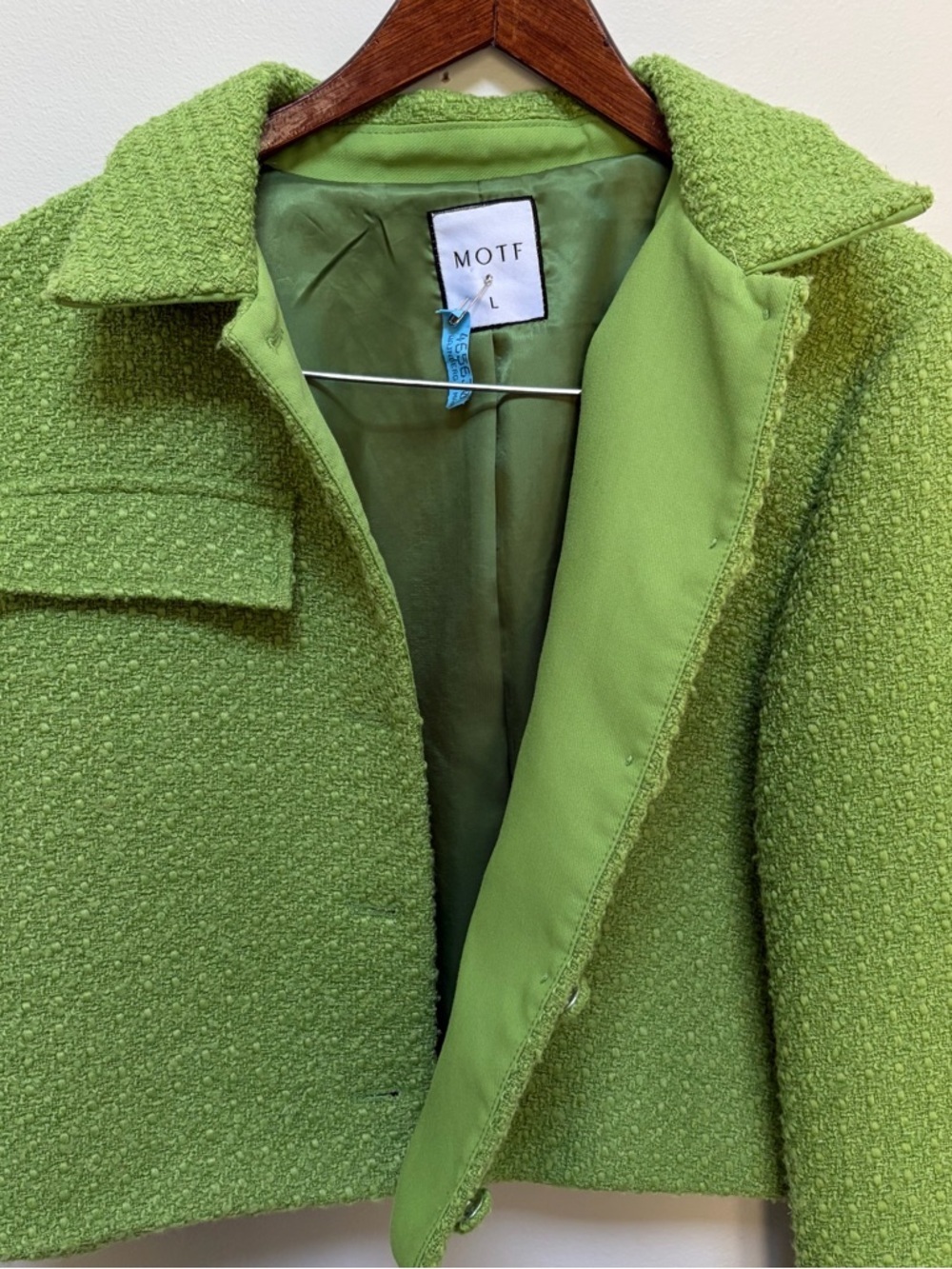 MOTF Cropped Green Bouclé Blazer Jacket Size L - Picture 9 of 10
